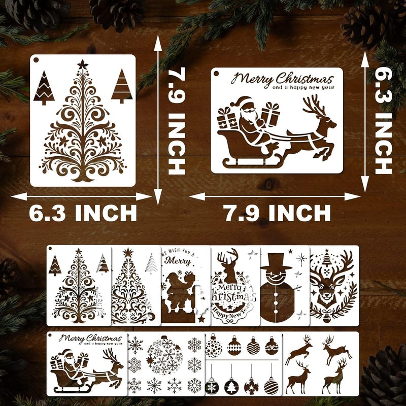 YKW 10 Pcs Christmas Stencils Set - Reusable 7.9x6.3 Inch Holiday Templates for Painting on Wood and DIY Decor - Snowman, Tree, Reindeer Designs - Craft Kit for Adults - Festive Art Supplies - Image 2